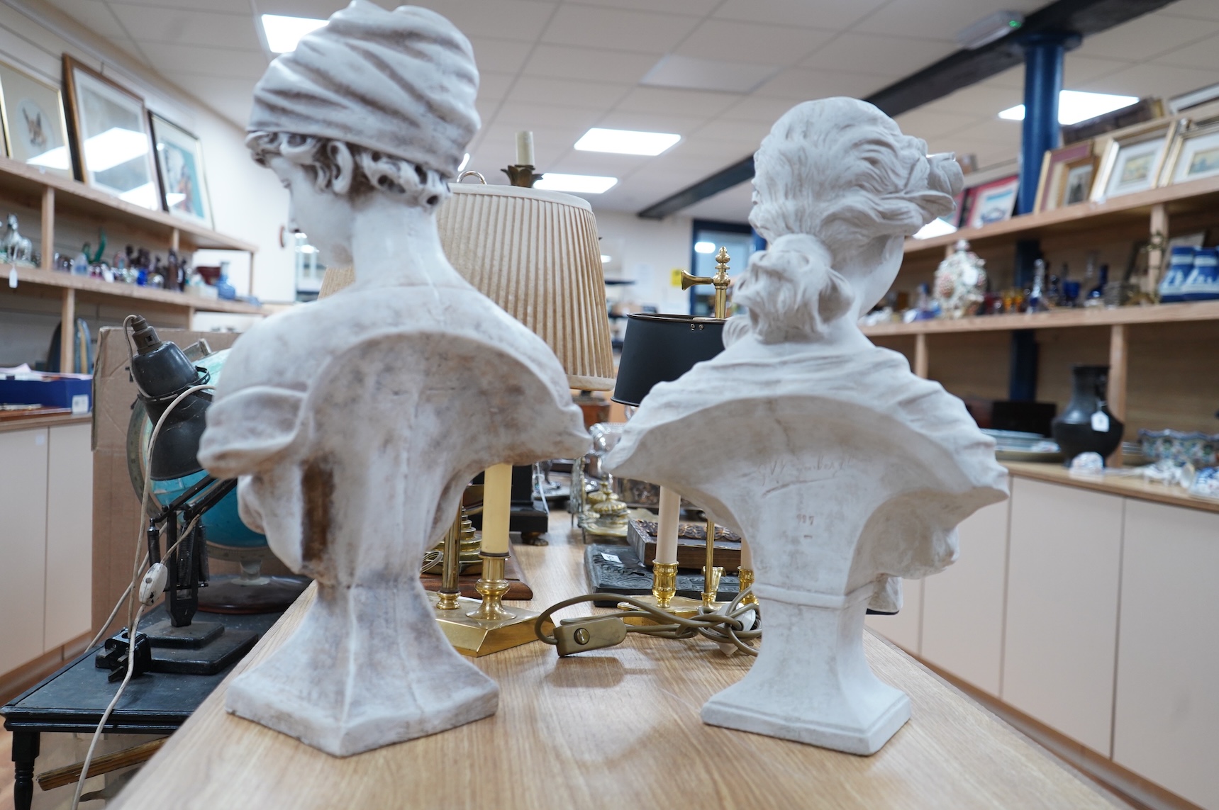Two signed plaster busts, one after Gustave van Vaerenberg (1873 - 1927), the other after Rene Maquet (19th century), tallest 52cm